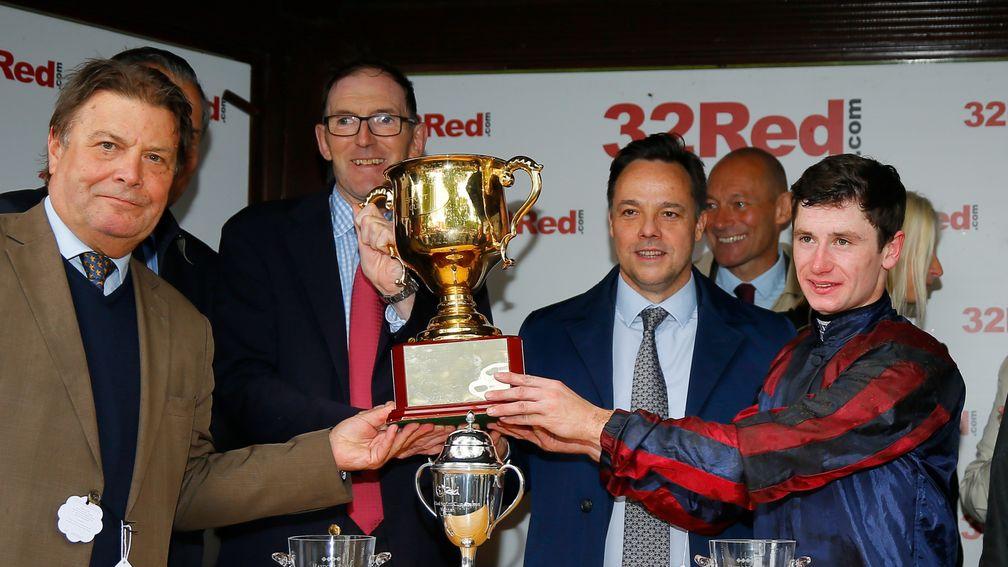 The trophy presentation after the Sprint Cup at Haydock