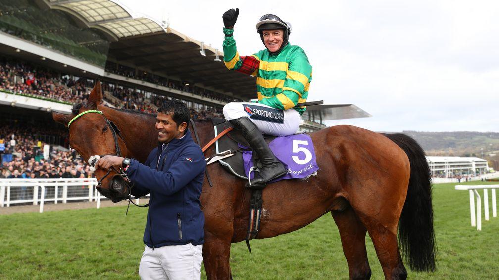 CHELTENHAM, ENGLAND - MARCH 11: Champ ridden by Barry Geraghty celebrates winning the RSA Insurance Novices' Chase (Grade 1) at Cheltenham Racecourse on March 11, 2020 in Cheltenham, England. (Photo by Michael Steele/Getty Images)