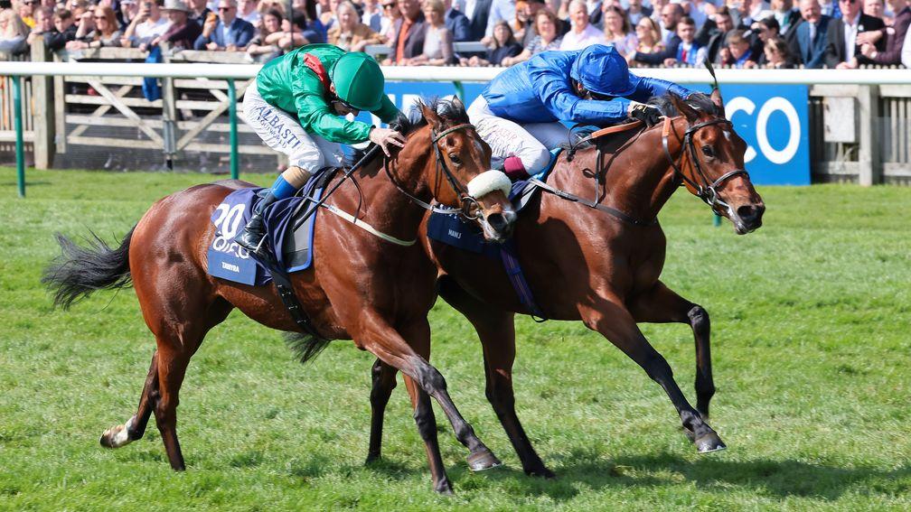 Mawj (far side) gets the better of Tahiyra in a fantastic battle at Newmarket