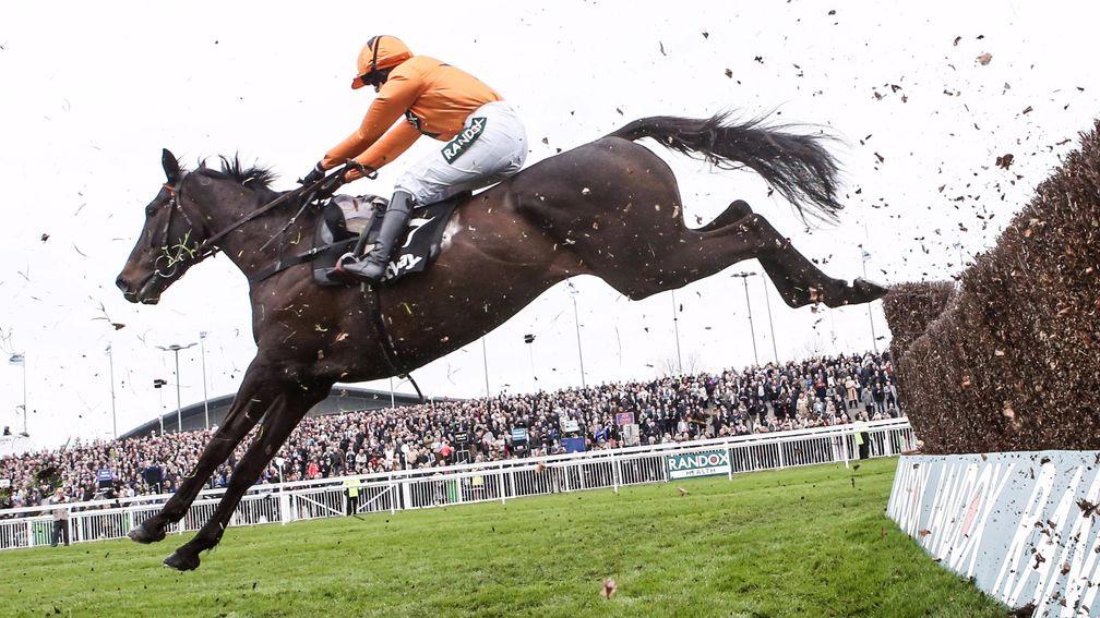 Aintree ace: Tea For Two sends the birch flying as he takes the last in the Betway Bowl