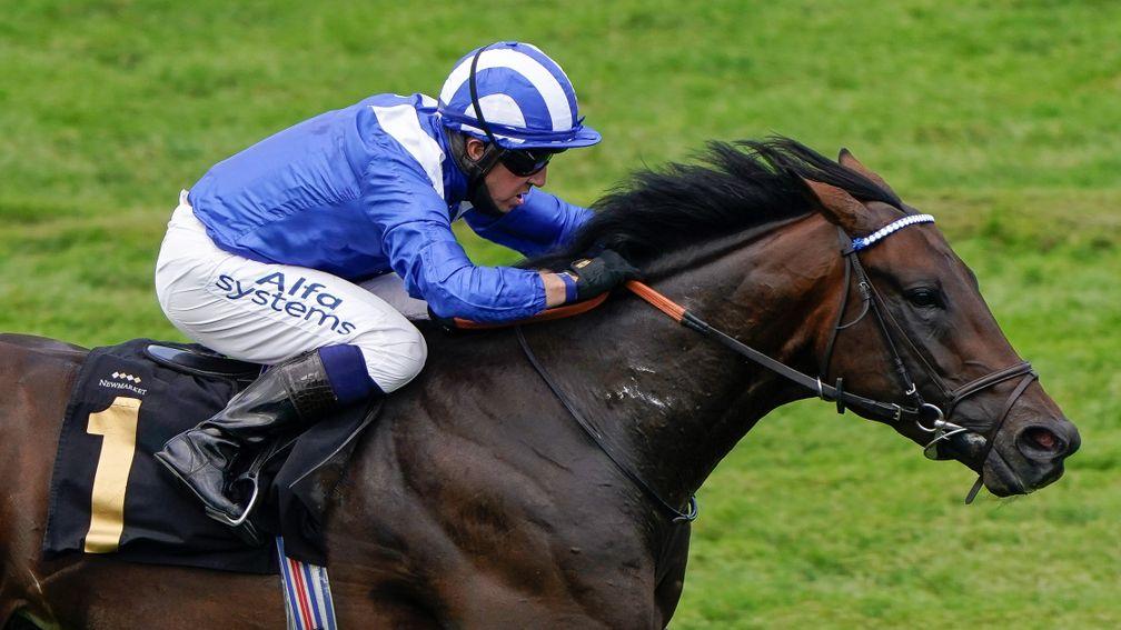 NEWMARKET, ENGLAND - JULY 08: Jim Crowley riding Baaeed win The Edmondson Hall Solicitors Sir Henry Cecil Stakes at Newmarket Racecourse on July 08, 2021 in Newmarket, England. Due to the Coronavirus pandemic, only owners along with a limited number of th