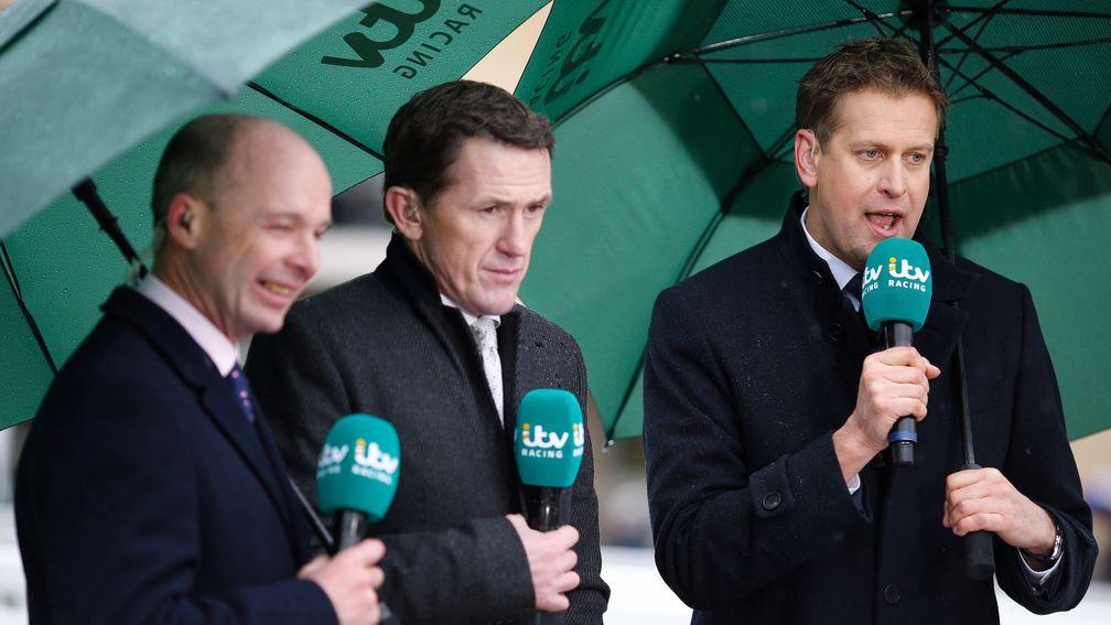 The ITV Racing team, including presenter Ed Chamberlin (right), Luke Harvey (left) and Sir Anthony McCoy, have public and professional opinion on their side a year on from their soggy inauguration