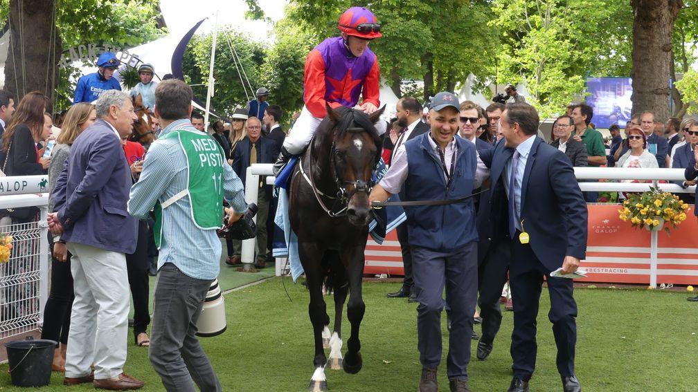 Romanised and Billy Lee return to the Deauville winner's enclosure after landing the Prix Jacques le Marois