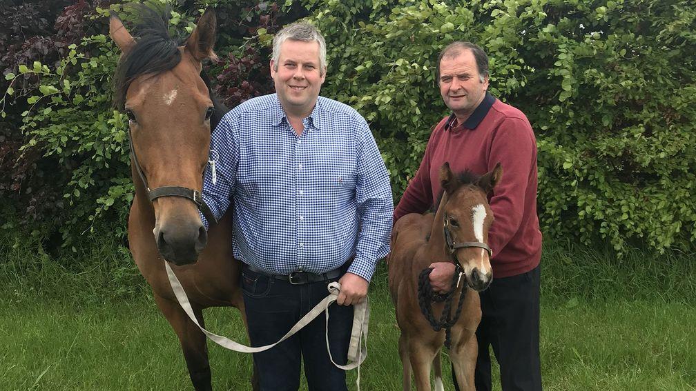 Proud breeders Patrick and John McLoughney with Quickstep Queen and foal