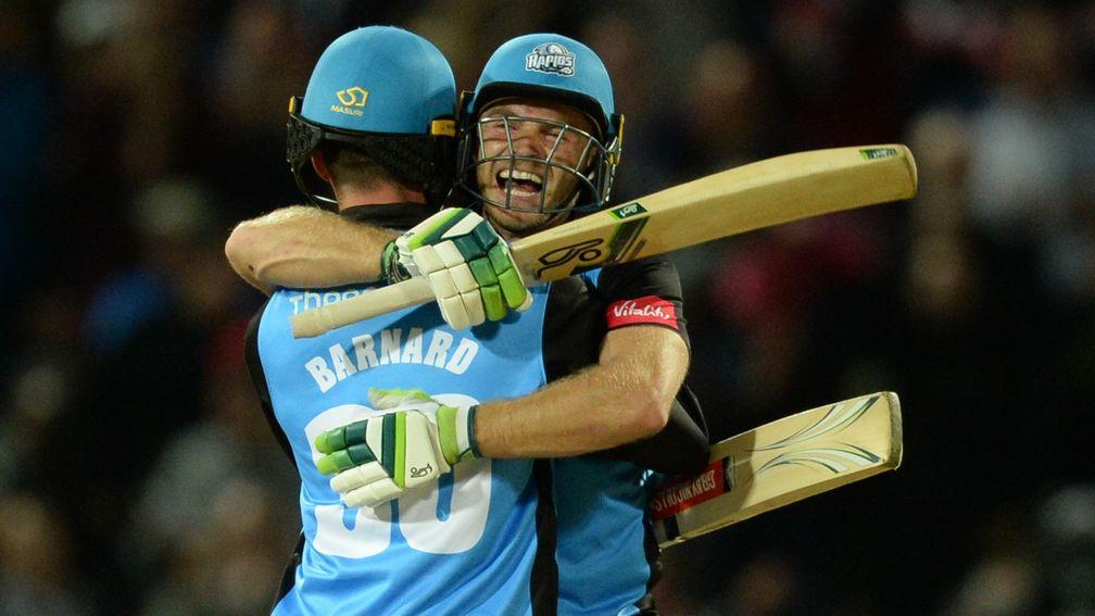 Ben Cox and Ed Barnard celebrate Worcestershire's victory over Sussex in the 2018 final