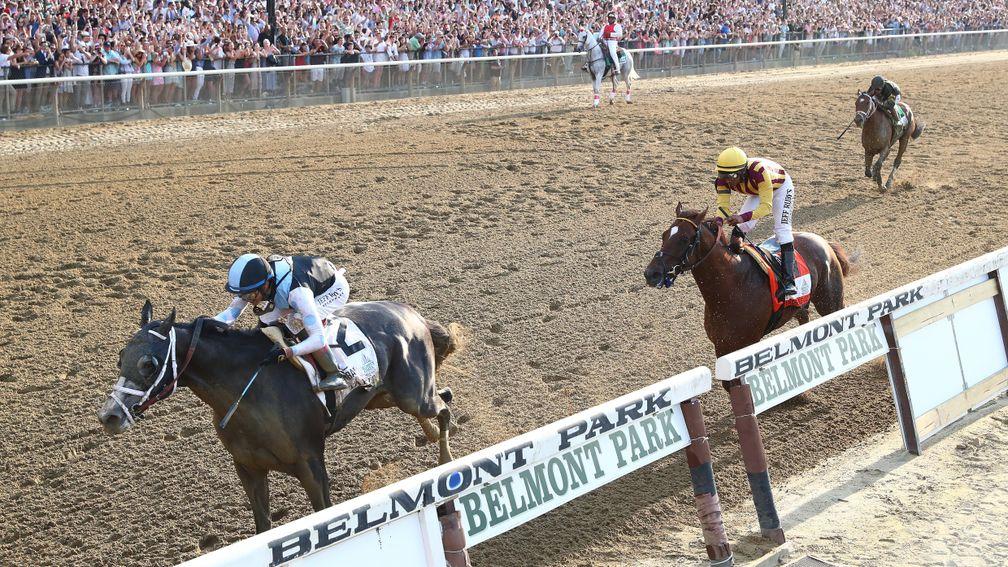 Tapwrit draws clear of Irish War Cry in the final stages of the Belmont Stakes