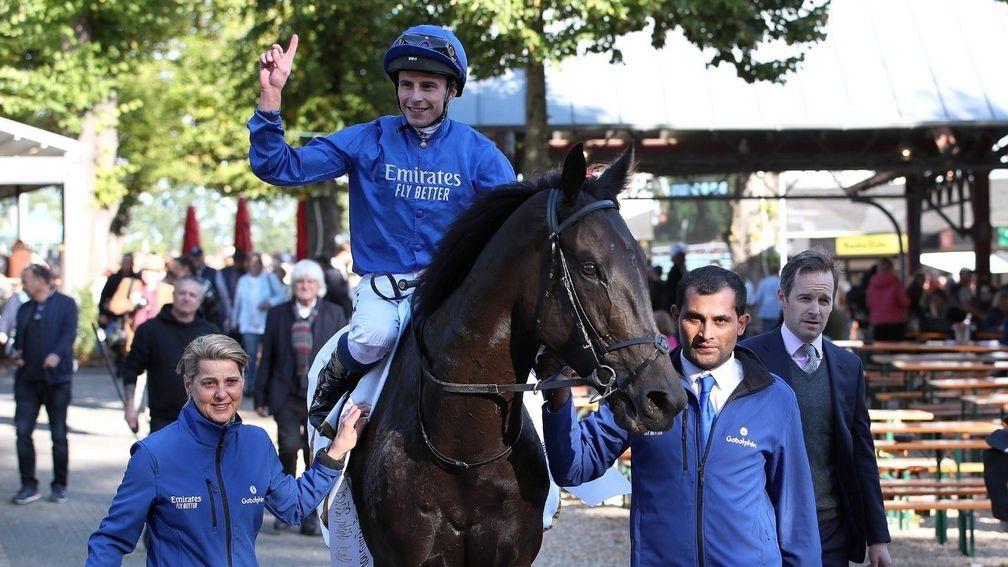 William Buick salutes the crowd at Cologne after Rebel's Romance wins the Group 1 Preis von Europa