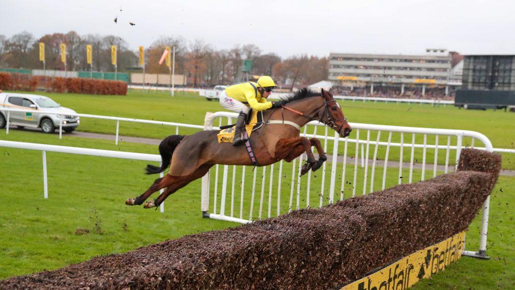 Lostintranslation puts in a mighty leap on his way to victory in the 2019 Betfair Chase at Haydock