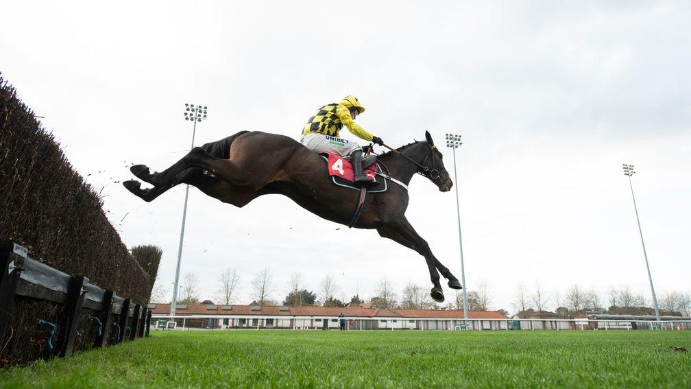 Shishkin puts in a flying leap at the second-last at Kempton on Monday