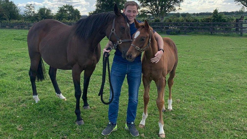 Kevin Blake flanked by Midnight Oasis and her Camacho colt foal. The Oasis Dream mare is in foal to Caravaggio