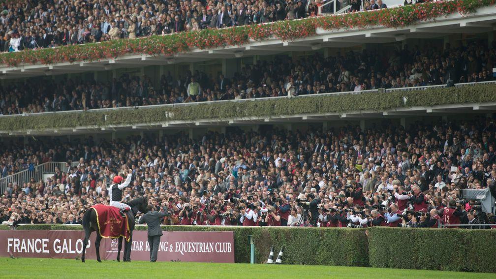 Frankie Dettori receives the acclaim of the Longchamp stands after Golden Horn's Arc last October