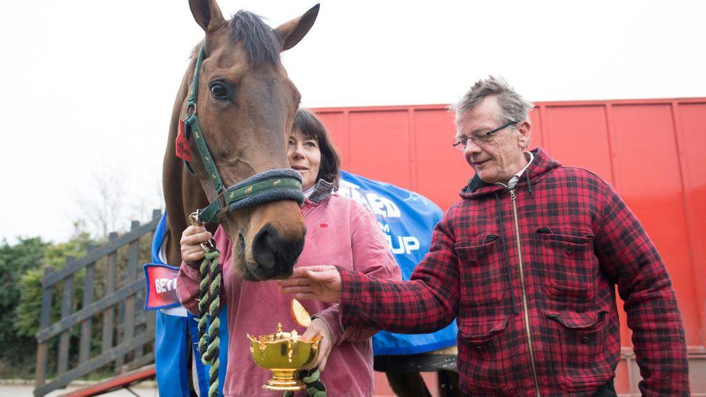 Mark Bradstock and his wife Sara with Coneygree and the Gold Cup