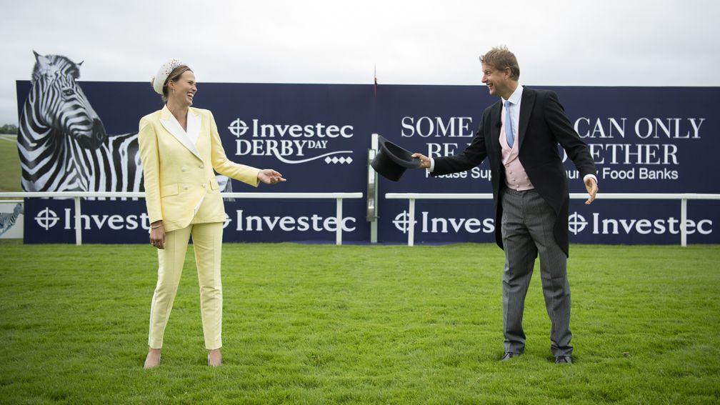 EPSOM, ENGLAND - JULY 04: ITV presenters Francesca Cumani and Ed Chamberlin on Derby Day morning at Epsom Racecourse on July 04, 2020 in Epsom, England. The famous race meeting will be held behind closed doors for the first time due to the coronavirus pan