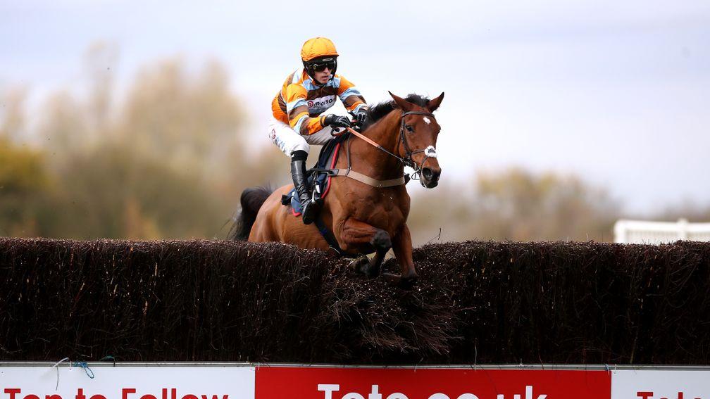 HUNTINGDON, ENGLAND - NOVEMBER 10: Master Tommytucker ridden by jockey Harry Cobden clears a fence on the way to winning the Download The tote App Intermediate Chase at Huntingdon Racecourse on November 10, 2020 in Huntingdon, England. (Photo by Tim Goode