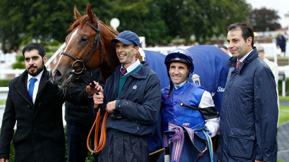 Neil Callan and Marco Botti after their Newmarket sales race victory with Tatsumaki