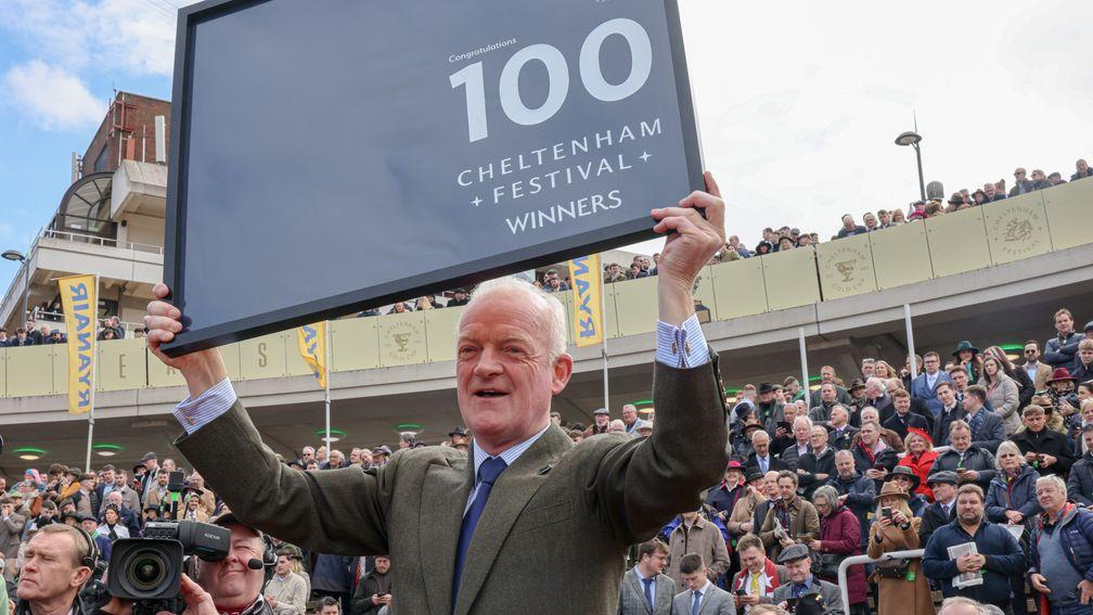 Willie Mullins received a memento at Cheltenham on Thursday having reached 100 festival winners late on Wednesday