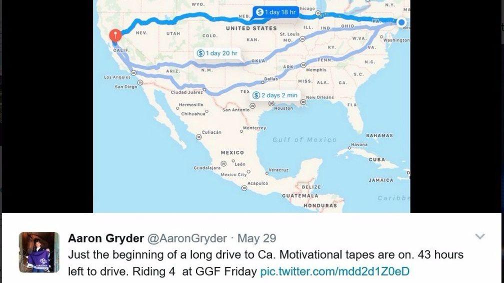 A tweet from Aaron Gryder's account showing the journey in front of him
