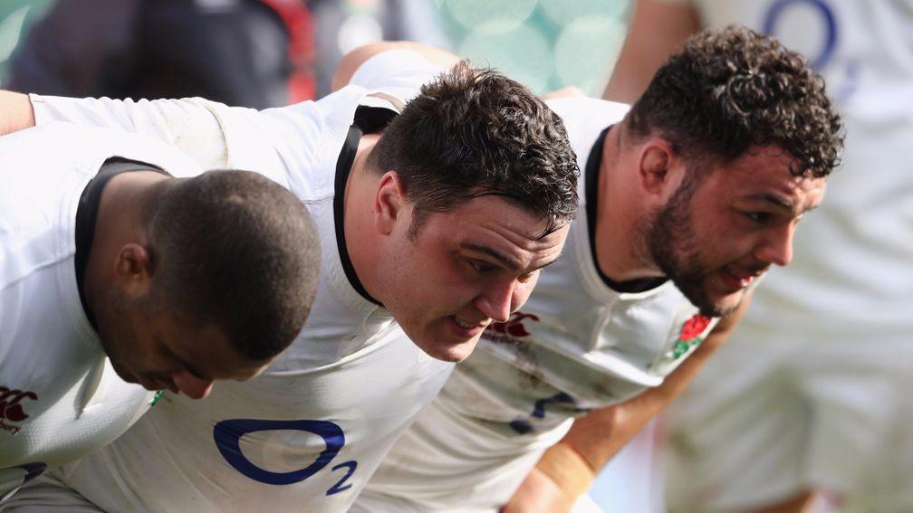 Jamie George (centre) and Ellis Genge (right) combine in the front row against Samoa