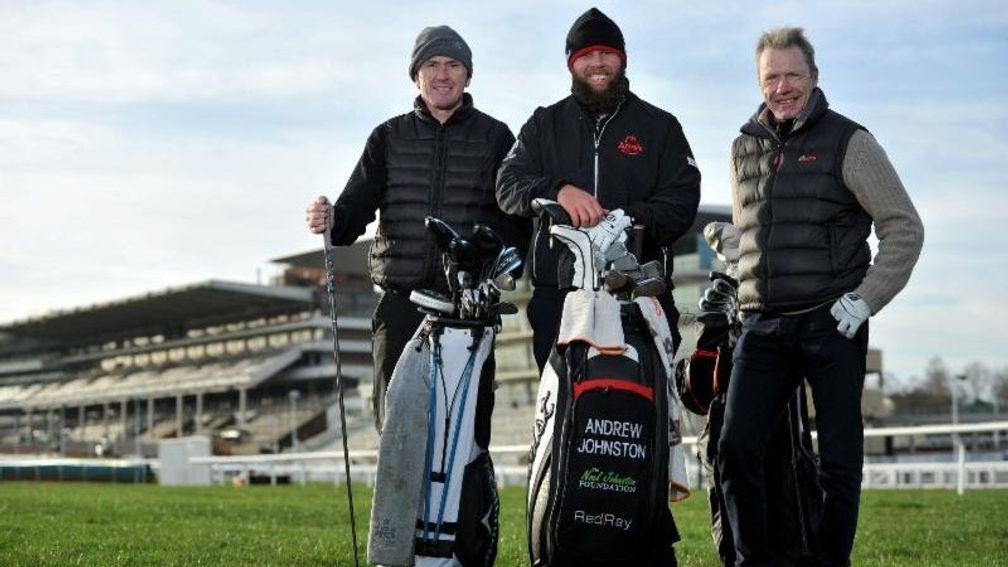 Andrew 'Beef' Johnston (centre) took on Tony McCoy and Mick Fitzgerald in four holes around Cheltenham