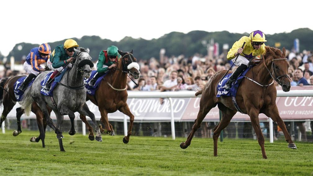 YORK, ENGLAND - AUGUST 23:  James Doyle riding Sea Of Class (R) win The Darley Yorkshire Oaks at York Racecourse on August 23, 2018 in York, United Kingdom. (Photo by Alan Crowhurst/Getty Images)