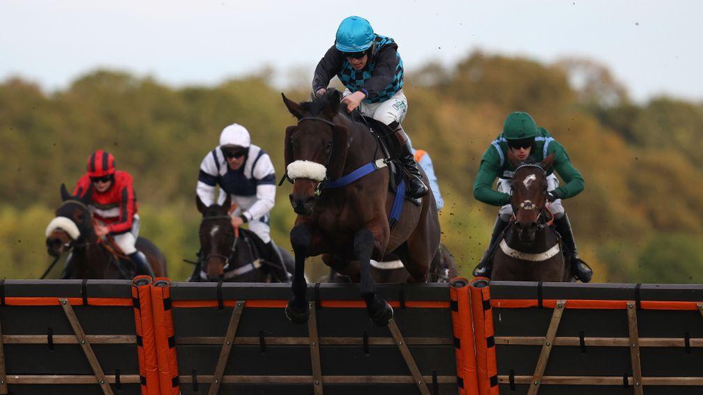 ASCOT, ENGLAND - OCTOBER 30: Fergus Gillard on Lossiemouth clears the last to win The Ascot Racecourse Supporters Safer Gambling Conditional Jockeys' Novices' Handicap Hurdle Race at Ascot Racecourse on October 30, 2021 in Ascot, England. (Photo by Charli