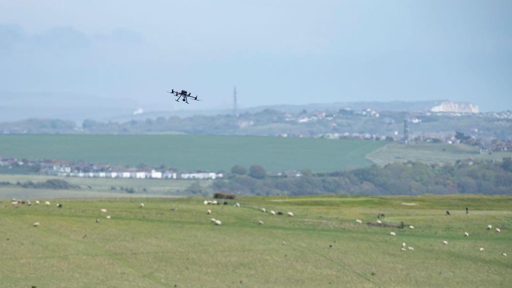 A drone flies over Brighton racecourse on Tuesday