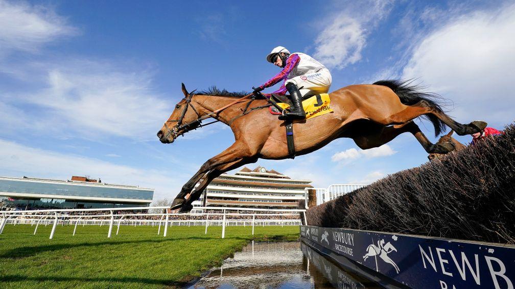 Bravemansgame clears the water jump on his way to winning at Newbury and gaining 11.73 points to take the stable of Shed The Frog to first place in the Tote Ten To Follow