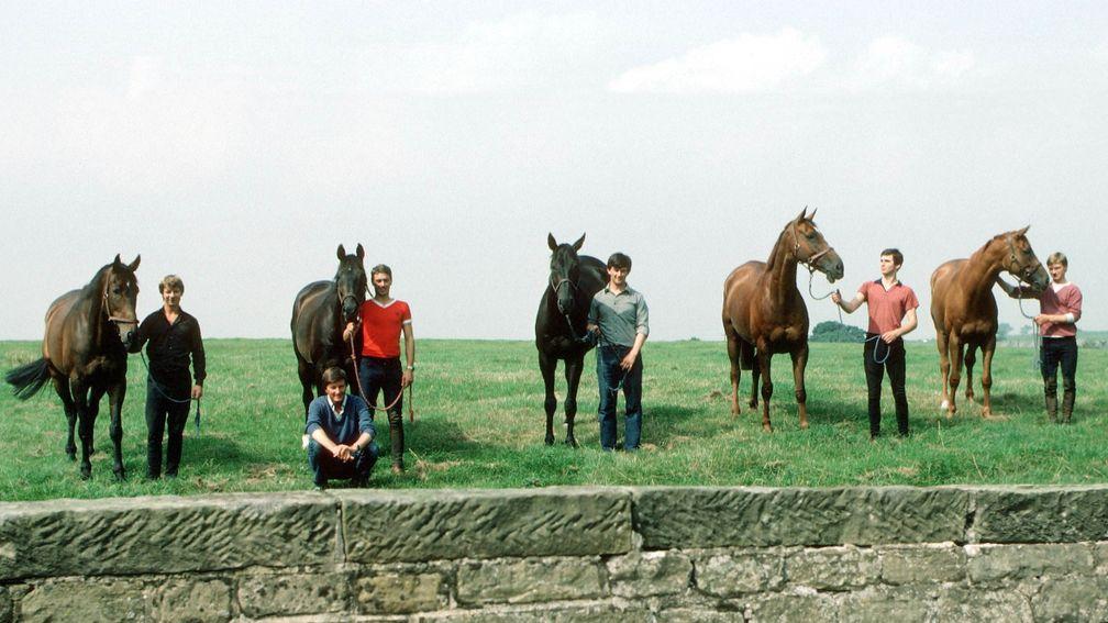 Michael Dickinson's Famous Five Horses who filled the first five places in the 1983 Chelteham Gold Cup L-R Bregawn, Captain John, Wayward Lad, Silver Buck and Ashley House with Michael Dickinson squatting at the front