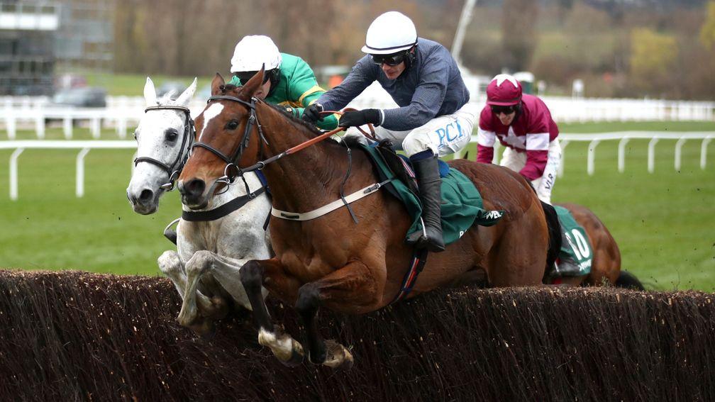 CHELTENHAM, ENGLAND - MARCH 19: Colreevy ridden by Paul Townend (front) jumps the last on the way to winning The Mrs Paddy Power MaresÃ Chase during day four of the Cheltenham Festival at Cheltenham Racecourse on March 19, 2021 in Cheltenham, England. Sp