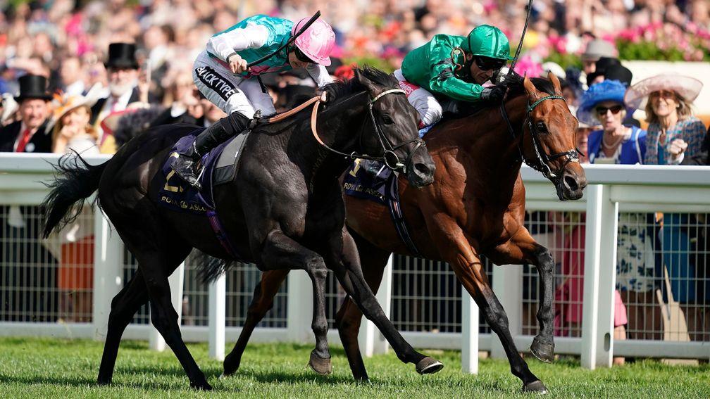 ASCOT, ENGLAND - JUNE 20: Harry Bentley riding Biometric (pink cap) win The Brittania Stakes from Frankie Dettori and Turgenev (green) on day three of Royal Ascot at Ascot Racecourse on June 20, 2019 in Ascot, England. (Photo by Alan Crowhurst/Getty Image