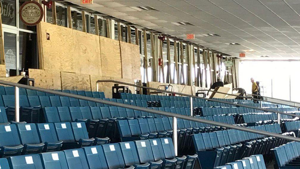 Tampa Bay Downs: the grandstand was boarded up as the hurricane moved through the area