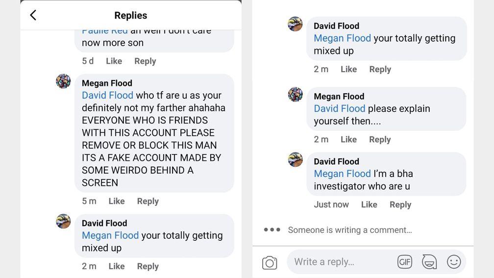 Facebook exchange between David Flood's impersonator and the trainer's daughter Megan