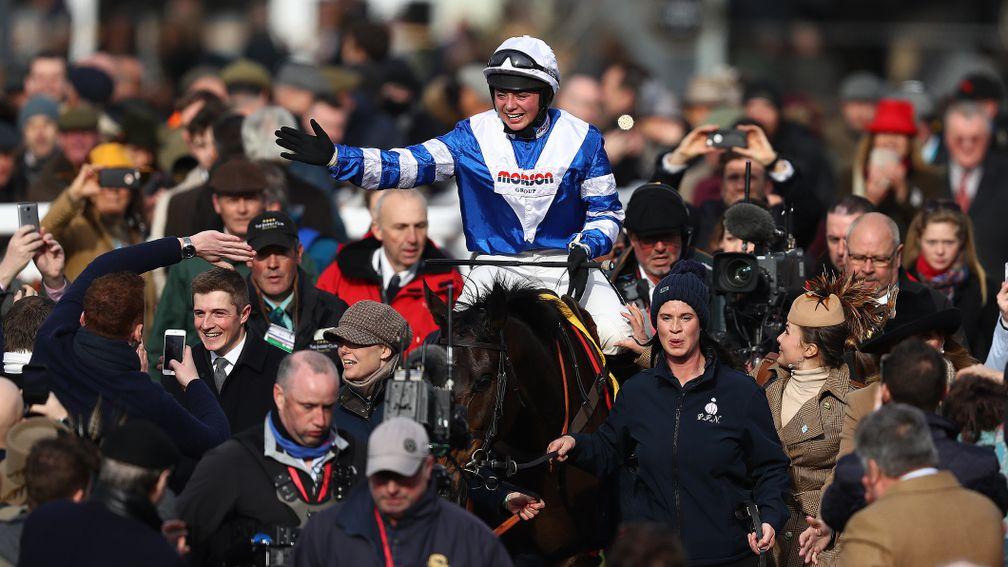 Bryony Frost soaks up the cheers of an excited crowd as she and Frodon return to the winner's enclosure