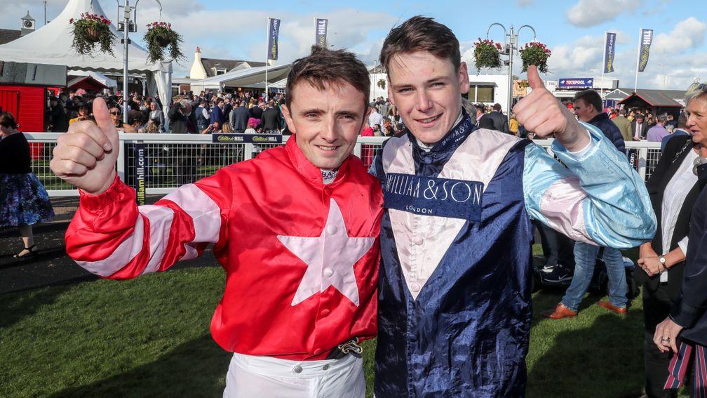 Chris Hayes (left) and Cameron Noble celebrate after the Ayr Gold Cup dead-heat