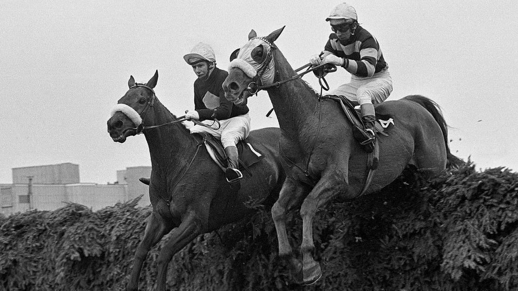 L'Escargot and Tommy Carberry (right) win the 1975 Grand National from Red Rum (left)