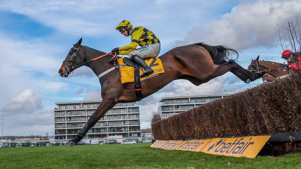 Shishkin and Nico de Boinville jump clear while winning the Denman Chase at Newbury