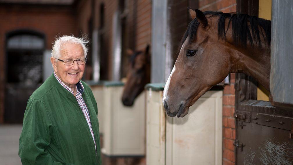 David Elsworth with his happy team of racehorses at Egerton House Stables in Newmarket 5.8.19Pic: Edward Whitaker
