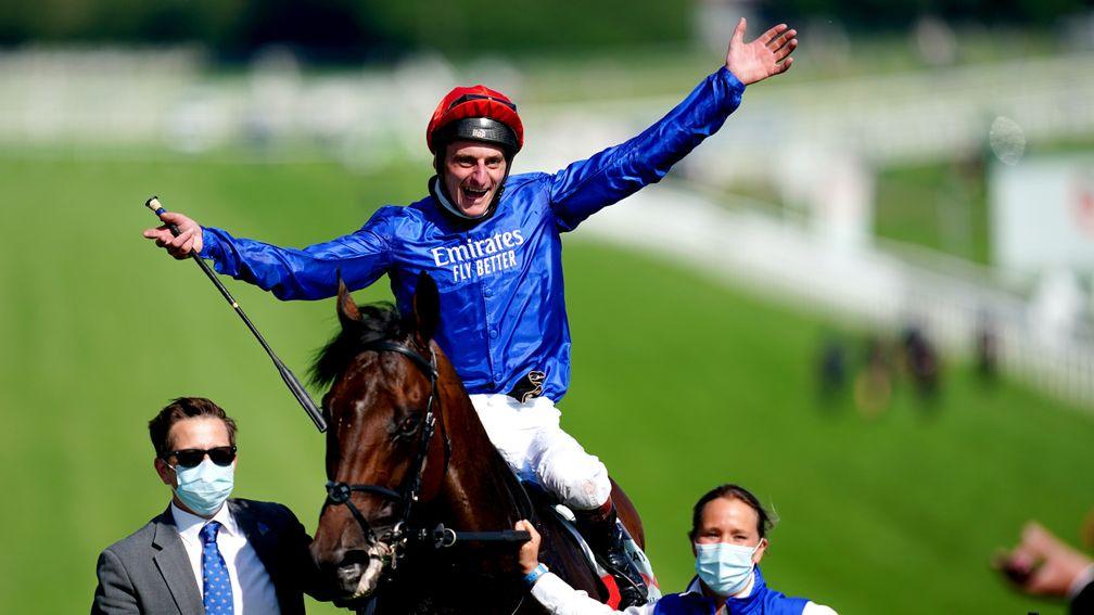 EPSOM, ENGLAND - JUNE 05: Adam Kirby celebrates on top of Adayar after winning the Cazoo Derby during day two of the Cazoo Derby Festival at Epsom Racecourse on June 5, 2021 in Epsom, England. (Photo by John Walton-Pool/Getty Images)
