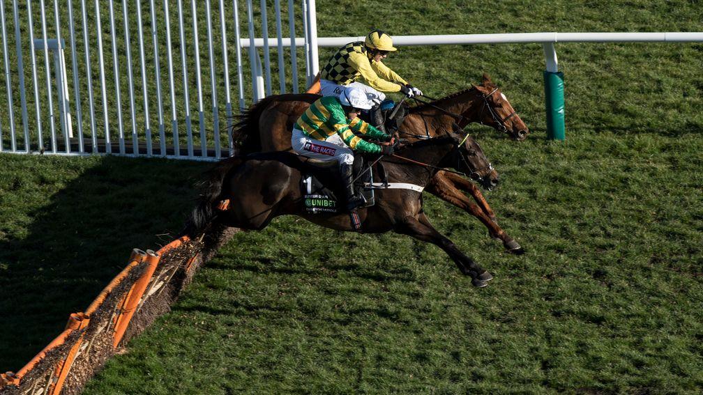 Buveur DâAir (Barry Geraghty) jumps the final flight with Melon (Paul Townend) and wins the Champion HurdleCheltenham 13.3.18 Pic: Edward Whitaker