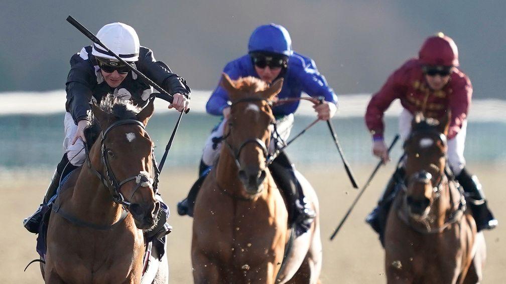 Anapurna (left) hangs right but scores a decisive success at Lingfield