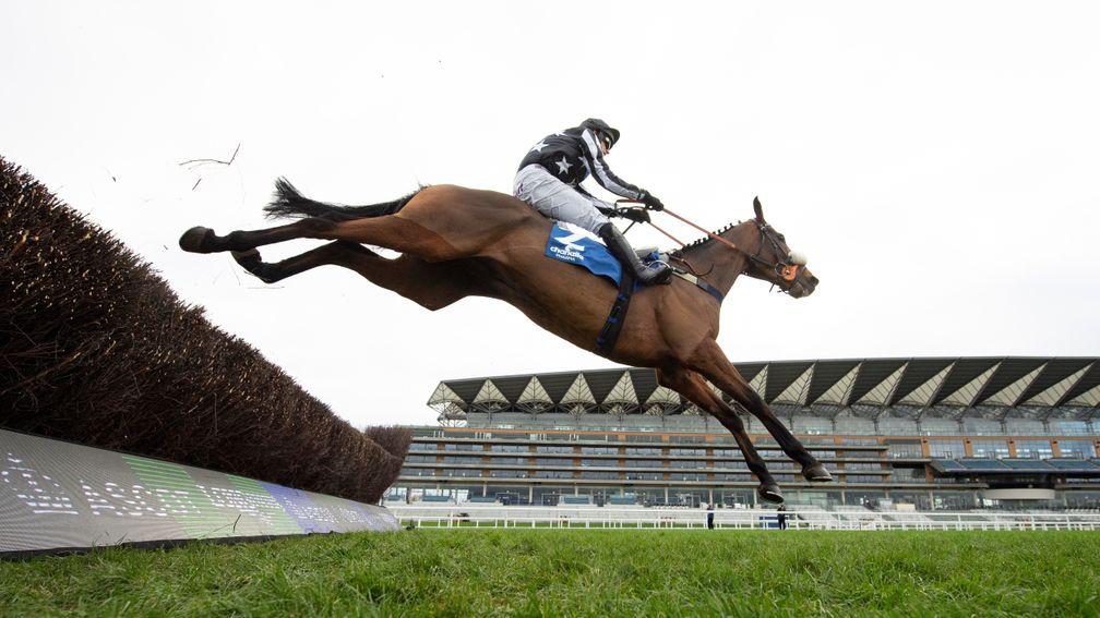 Imperial Aura (David Bass) jumps the last fence and wins the Chanelle Pharma 1965 ChaseAscot 21.11.20 Pic: Edward Whitaker/ Racing Post