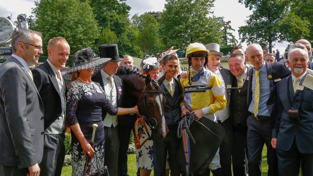 Quiet Reflection with her connections after the Commonwealth Cup at Royal Ascot in 2016