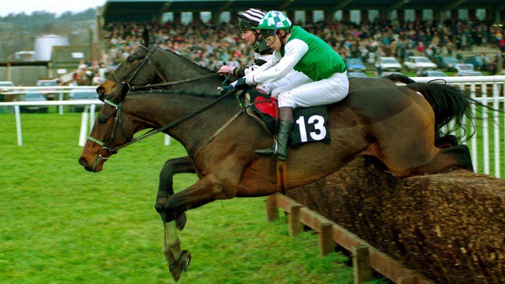 Sibton Abbey (nearside) wins the 1992 Hennessy Cognac Gold Cup from Jodami