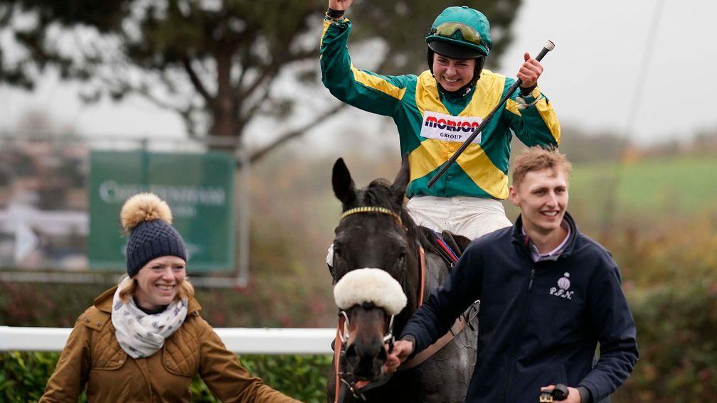 Bryony Frost celebrates back-to-back victories in the Badger Ales Chase on Present Man