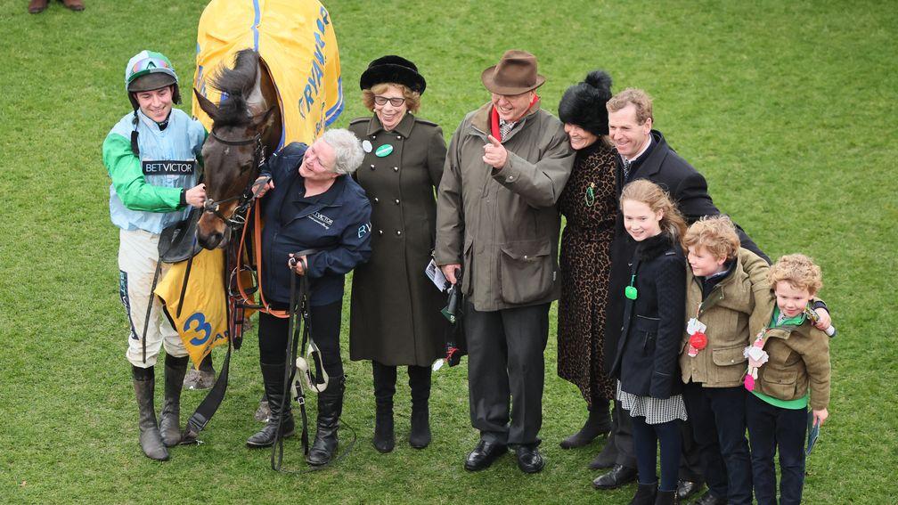 Sir Chips Keswick (fourth from left) with You Wear It Well after she won the Mares' Novices' Hurdle at Cheltenham in 2023
