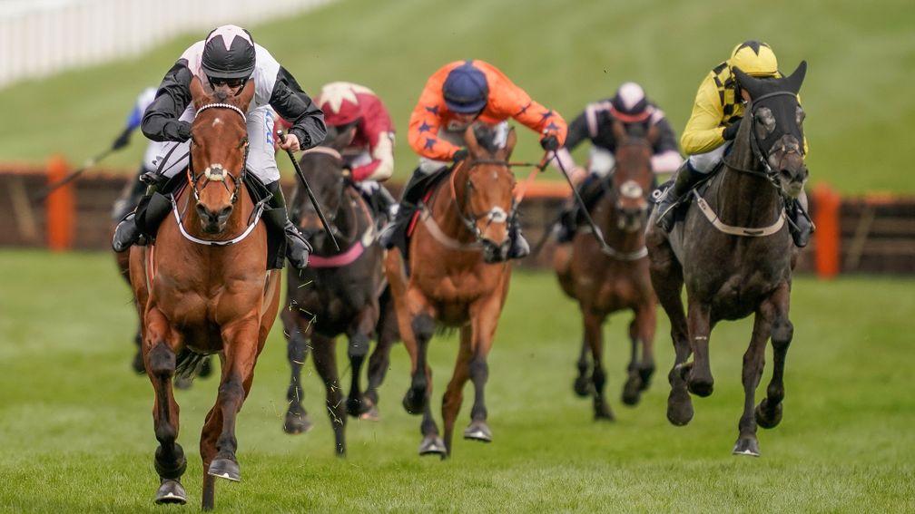 CHELTENHAM, ENGLAND - MARCH 17: Rachael Blackmore riding Bob Olinger (black sleeves) clear the last to win The Ballymore Novices' Hurdle at Cheltenham Racecourse on March 17, 2021 in Cheltenham, England. Sporting venues around the UK remain under strict r