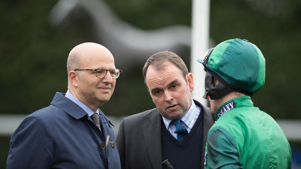 Daryl Jacob debriefs owner Simon Munir (left) and Alan King after a victory at Kempton in April