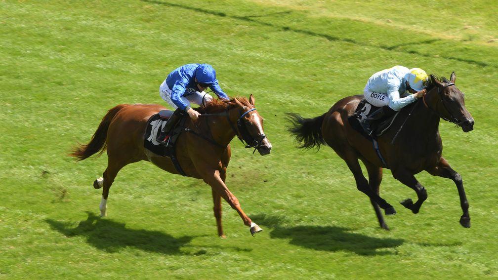 Fly Miss Helen (Sean Levey, far side) makes a winning debut at Newbury last month