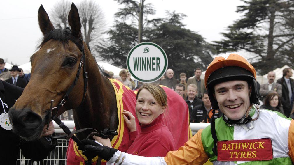 Tom Scudamore and groom Leanne Green with Lough Derg after winning the National Spirit Hurdle at Fontwell