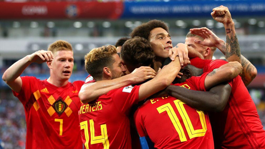 Belgium players celebrate a goal against Panama